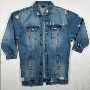 FIORE Oversized Distress Denim Jacket Large Blue Grunge Metro